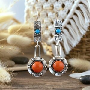 Vintage Style Boho Drop Trendy Spring Earrings‎ Orange Turquoise Accents
